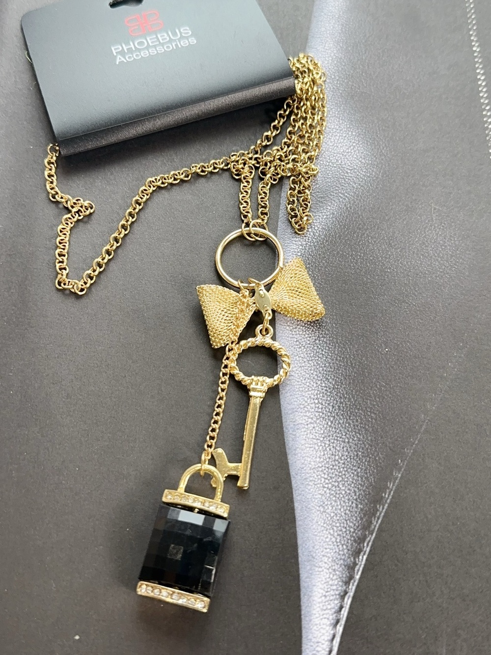 Phoebus Gold-Tone Key & Padlock Pendant Necklace with Black Gem
